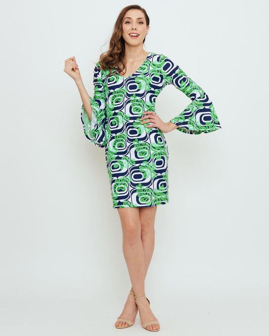 Leyte Bell Sleeve Dress in Kelly Green Optic Hibiscus