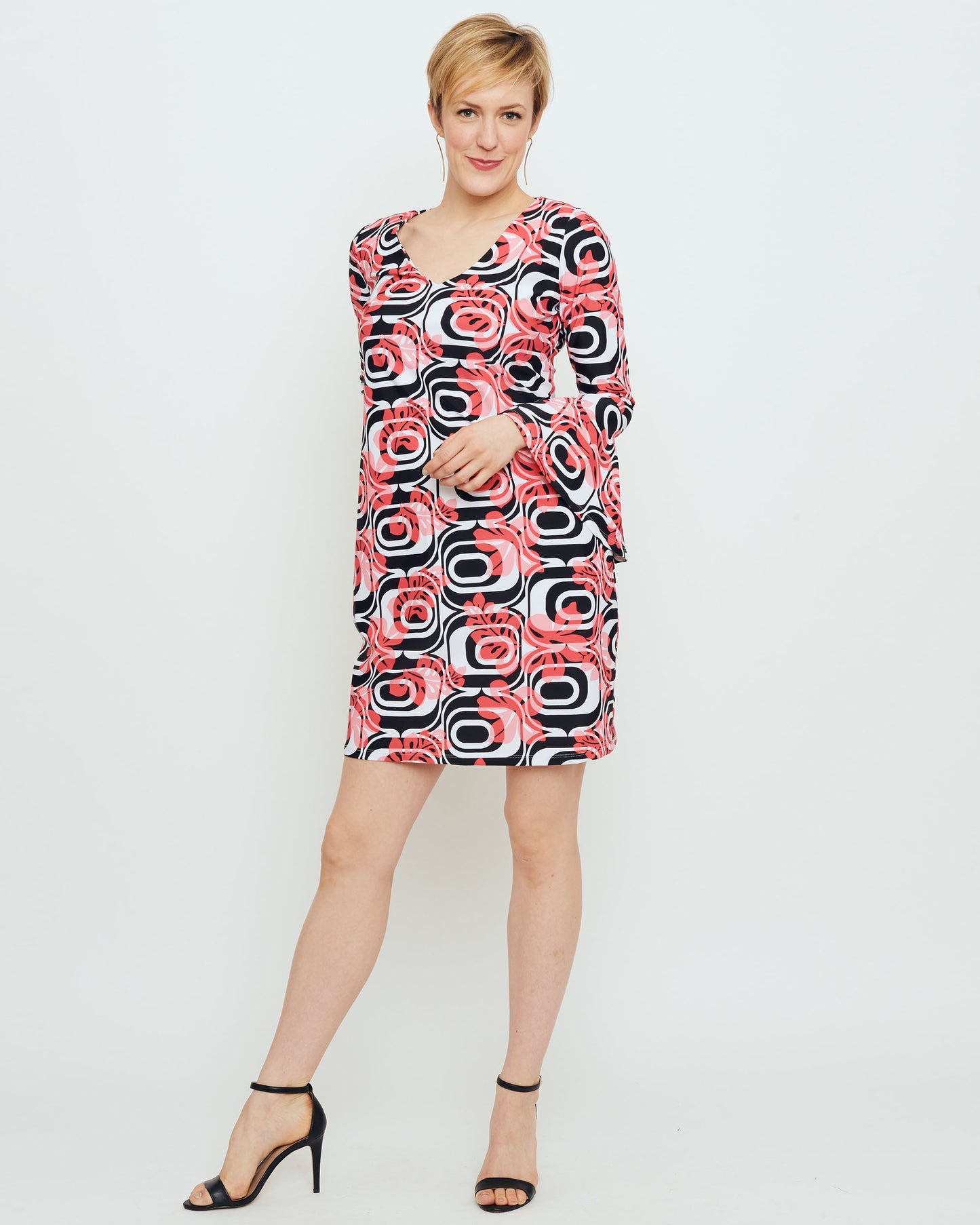 Leyte Bell Sleeve Dress in Coral Optic Hibiscus