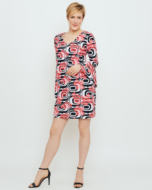 Leyte Bell Sleeve Dress in Coral Optic Hibiscus